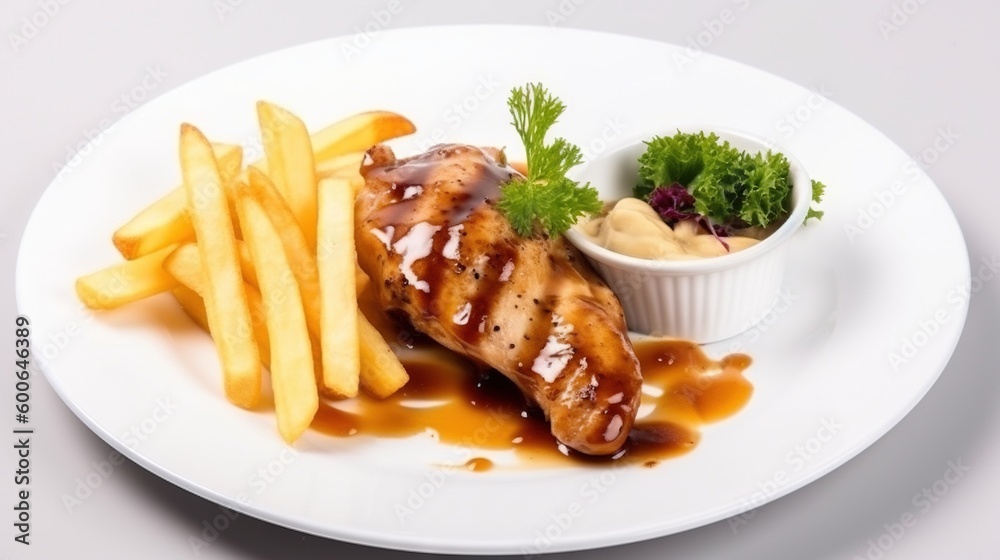  a white plate topped with chicken and fries next to a small bowl of sauce.  generative ai