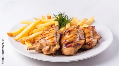  a white plate topped with chicken and fries next to a side of fries.  generative ai