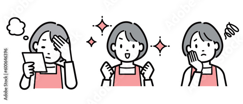 様々な表情やポーズをとる主婦のイラストセット