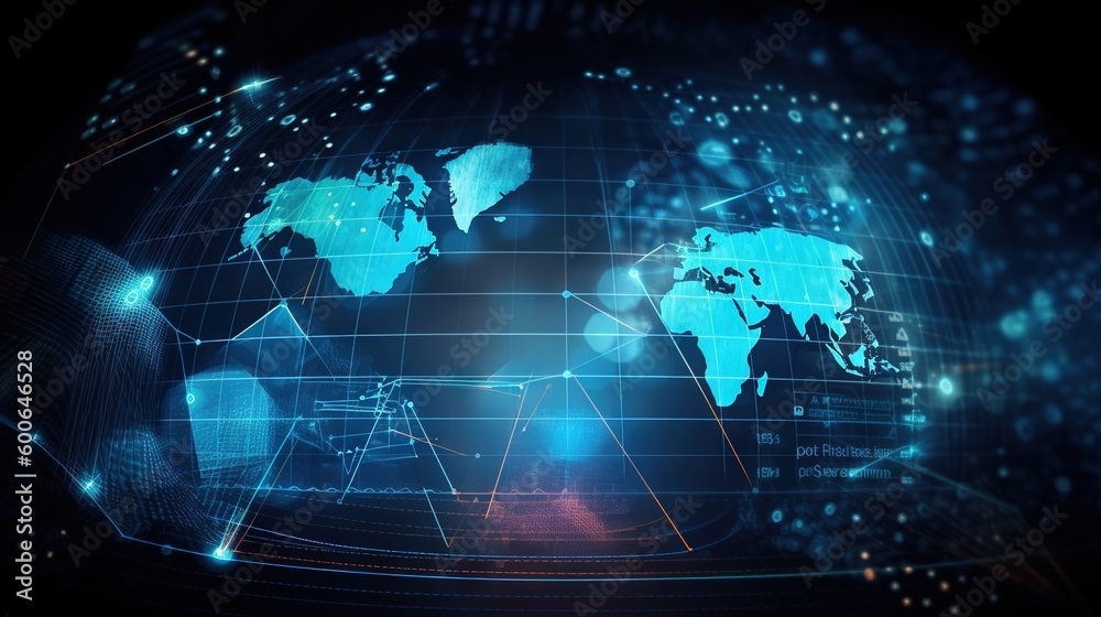 a blue and black world map on a dark background with lines. generative ai a blue and black world map on a dark background with lines. generative ai
