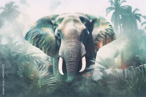 Close-up of an elephant and tropical forest, double exposure, Generative AI
