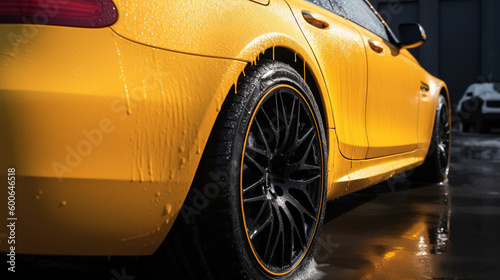  a close up of a yellow car on a wet surface.  generative ai