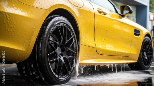 a close up of a yellow car with water coming out of it.  generative ai