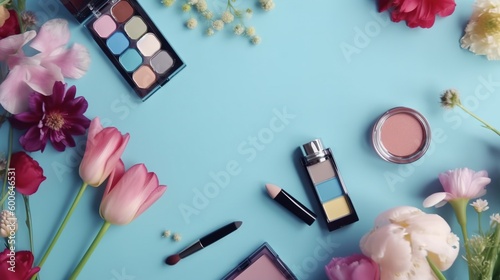  a blue background with flowers, cosmetics, and makeup products. generative ai