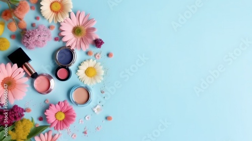  a blue background with flowers and cosmetics on top of it. generative ai