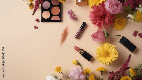  a bouquet of flowers, lipstick, and other makeup products. generative ai