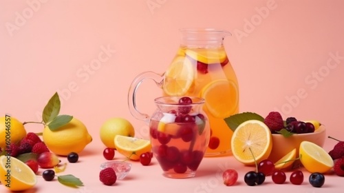  a pitcher of liquid surrounded by fruits and berries on a pink background. generative ai