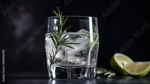  a glass of water with ice and a sprig of rosemary. generative ai