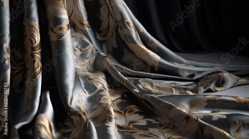  a black and gold curtain with a flower pattern on it. generative ai