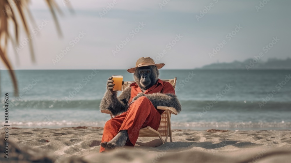 Mature old male Gorilla on a relaxing summer holiday on a tropical island beach, cocktail in hand enjoying retired life, hilarious and funny - generative AI 