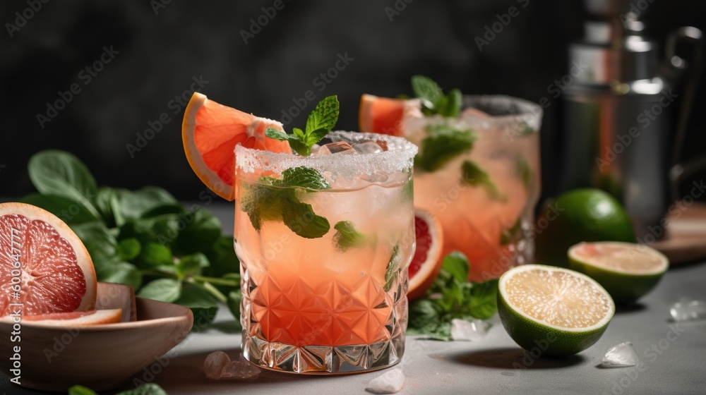 a close up of a drink with grapefruit and mint. generative ai a close up of a drink with grapefruit and mint. generative ai
