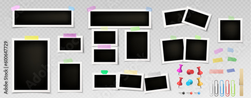 Vector photo frame collage with push pin and tape set. Memory or mood board foto icon mockup collection to attach snapshot with paper clip or thumbtack. Isolated realistic portrait photography