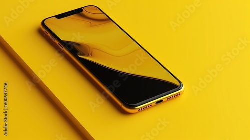  a close up of a cell phone on a yellow surface. generative ai