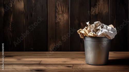  a trash can with crumpled paper in it on a wooden table. generative ai