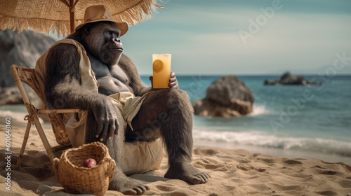 Mature old male Gorilla on a relaxing summer holiday on a tropical island beach, cocktail in hand enjoying retired life, hilarious and funny - generative AI 