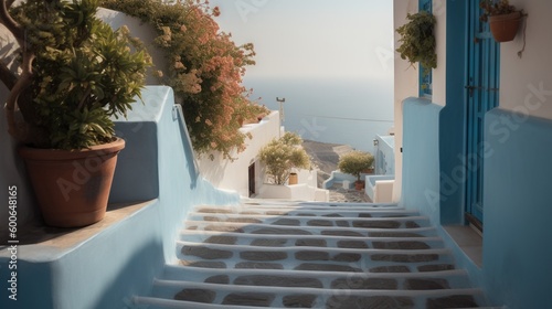  a set of steps leading to a house with a potted plant. generative ai