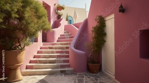  a set of stairs leading up to a pink building with potted plants. generative ai