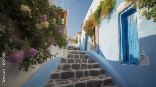  a set of stairs leading up to a blue building with flowers growing on it. generative ai