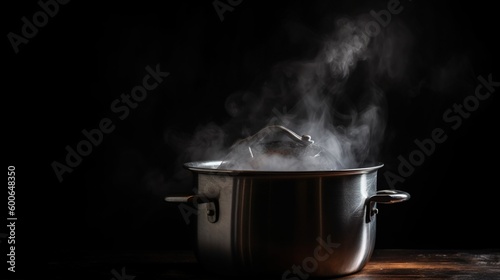  a pot with steam rising out of it on a table.  generative ai