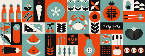 Geometric mosaic food banner. Natural fruit vegetable seafood pattern simple restaurant menu design. Vector background