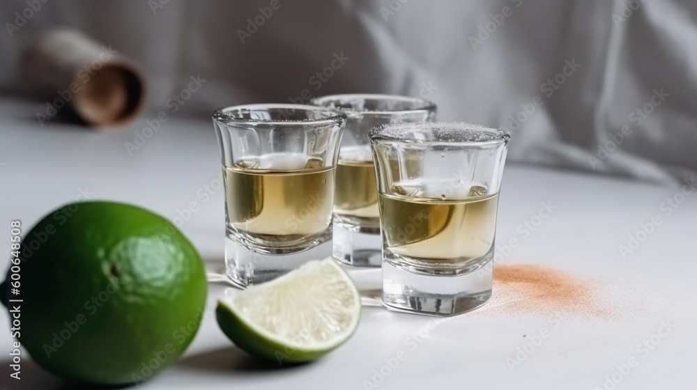 a couple of glasses filled with liquid next to a lime. generative ai a couple of glasses filled with liquid next to a lime. generative ai