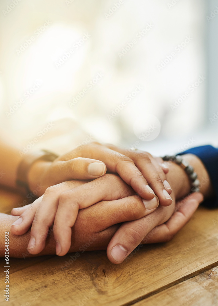 Holding hands, mockup and closeup with trust, solidarity and community on a home table. Therapy, care and gratitude of friends together with hope, respect and love for grief empathy and forgive - obrazy, fototapety, plakaty 