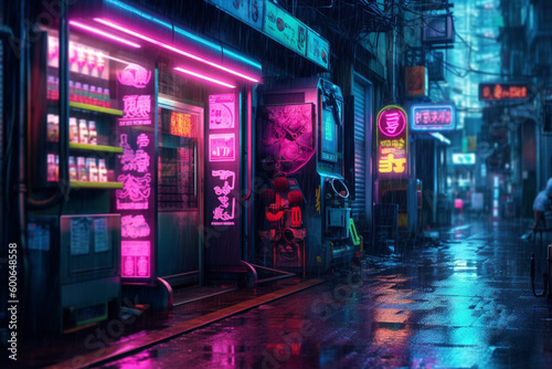 japanese side street, golden gai, vending machines, night scene, pink turquoise, cyberpunk-esque, wet ground, puddles, reflections, 8k