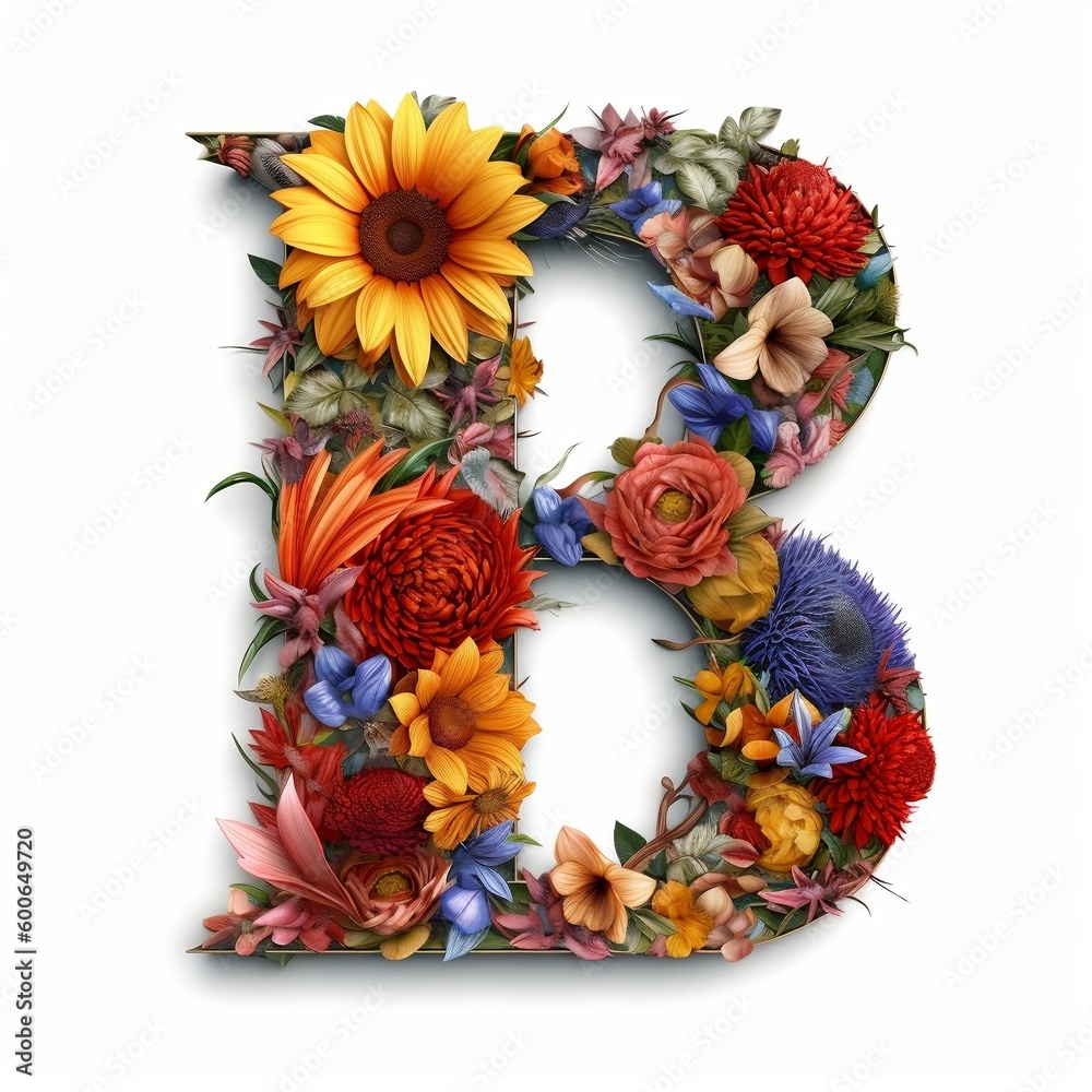Floral and sunflower, colorful illustration letter B. Generative AI