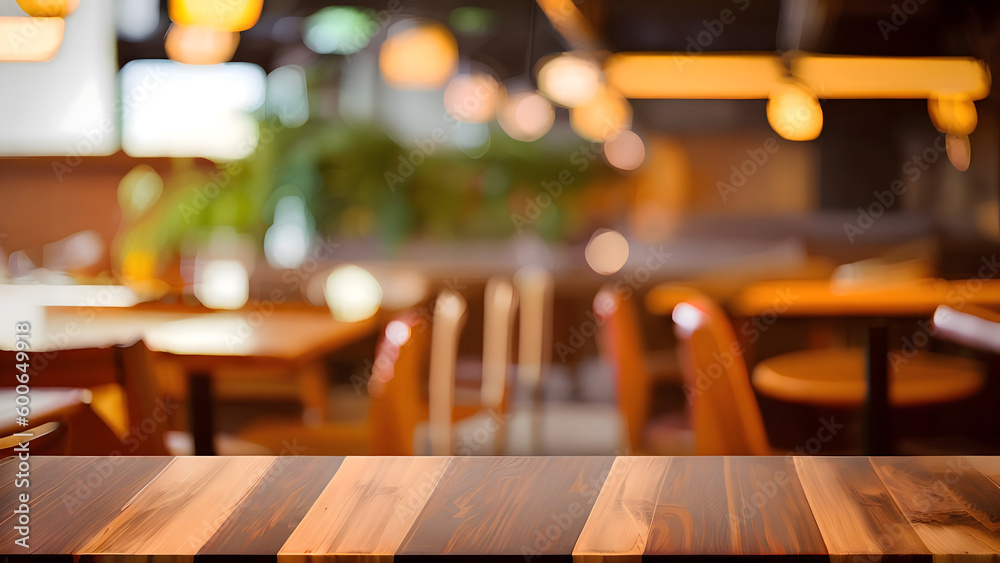 Empty wooden table top with lights bokeh on blur restaurant background - promotion table with restaurant or Hotel Bokeh lighting background  - Generative Ai