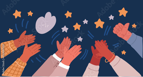 Cartoon vector illustration of Human hands clapping. People crowd applaud to congratulate success job. Hand thumbs up. Business team cheering and ovation support celebration, appreciation friendship