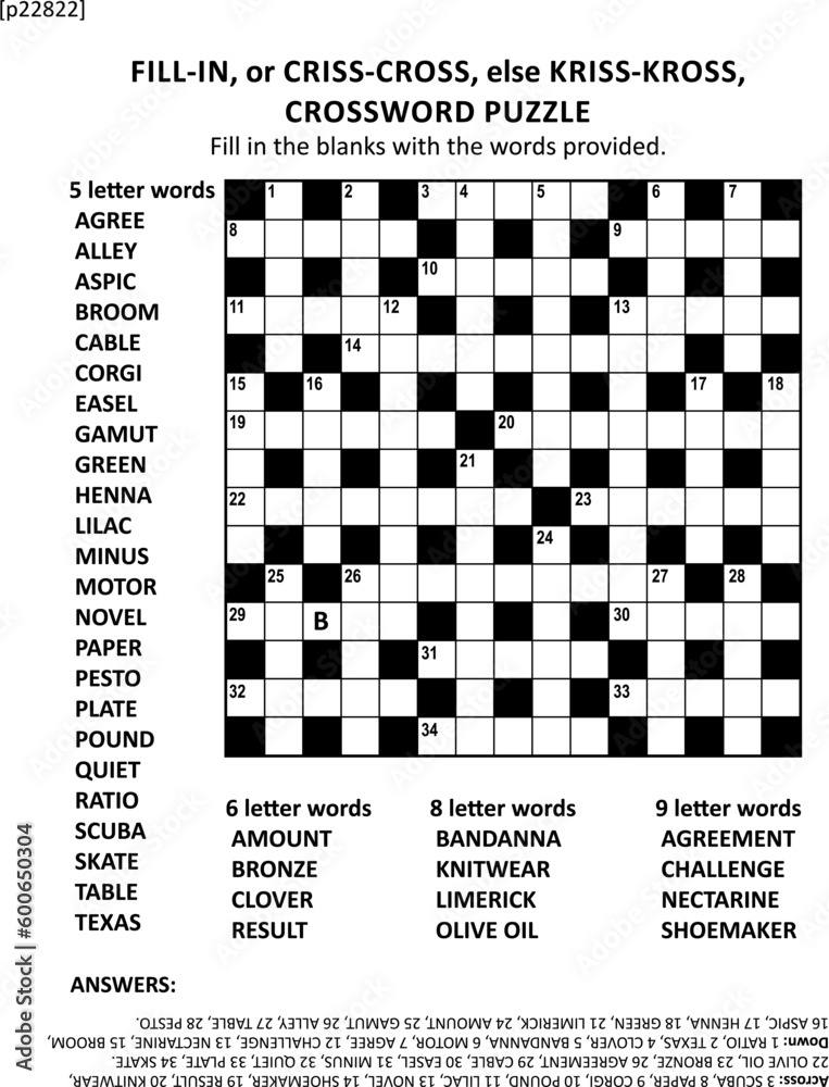 Crossword puzzle game of 15x15 size grid. Large print, quick style, crisscoss (or fillin, else