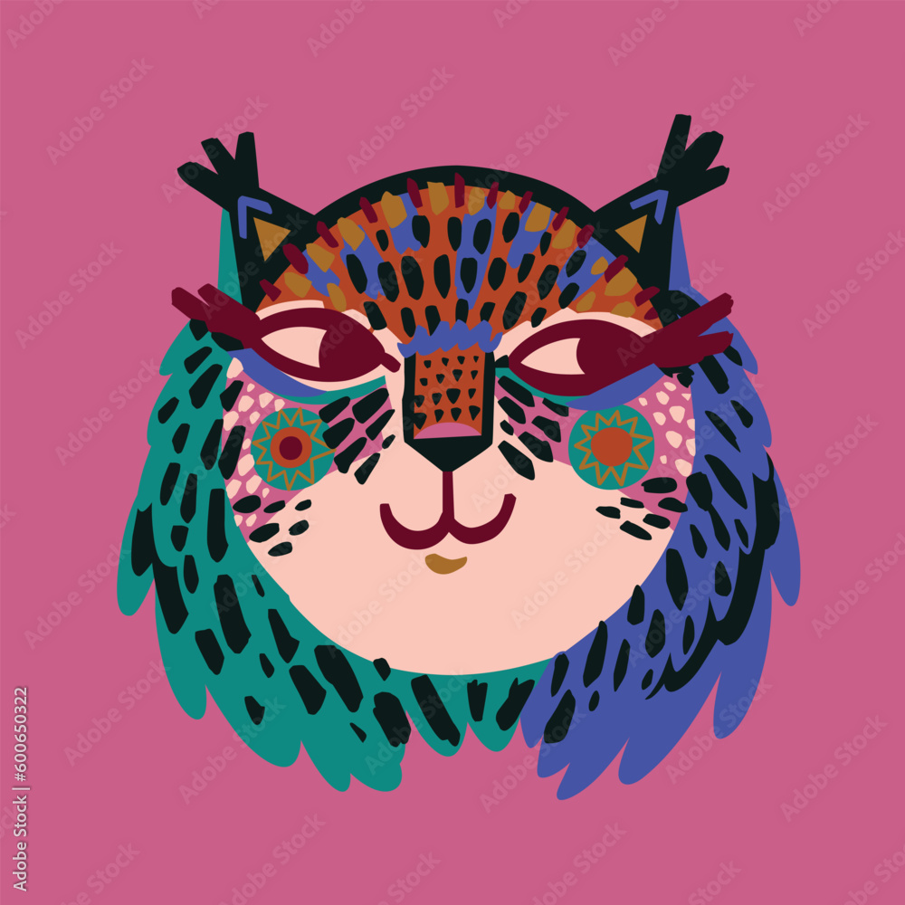 Cute lynx portrait with decorative abstract elements