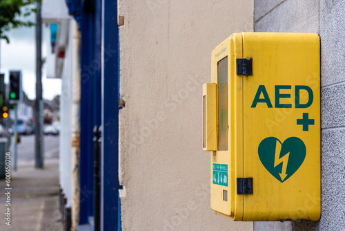 Wallpaper Mural General view of a life-saving defibrillator. Portable automated external defibrillator (AED) mounted on the wall of a public building in a city. Torontodigital.ca