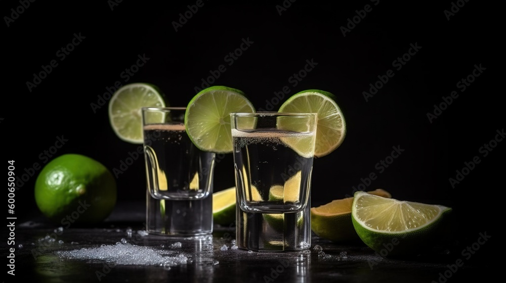  three glasses of water with limes and salt on a table.  generative ai
