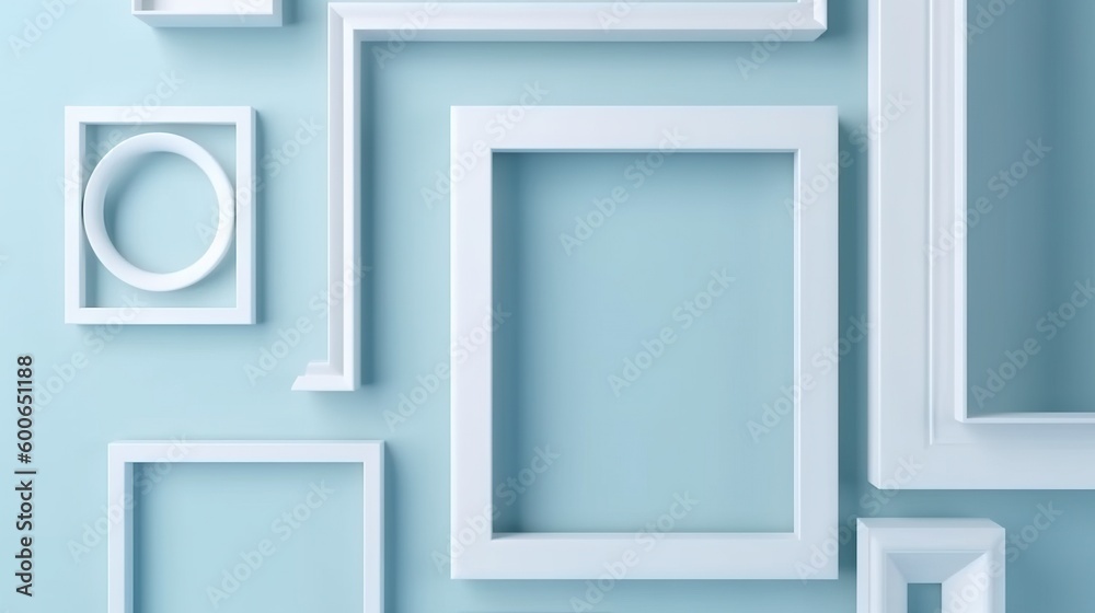 a group of white frames on a blue wall with white trim. generative ai a group of white frames on a blue wall with white trim. generative ai