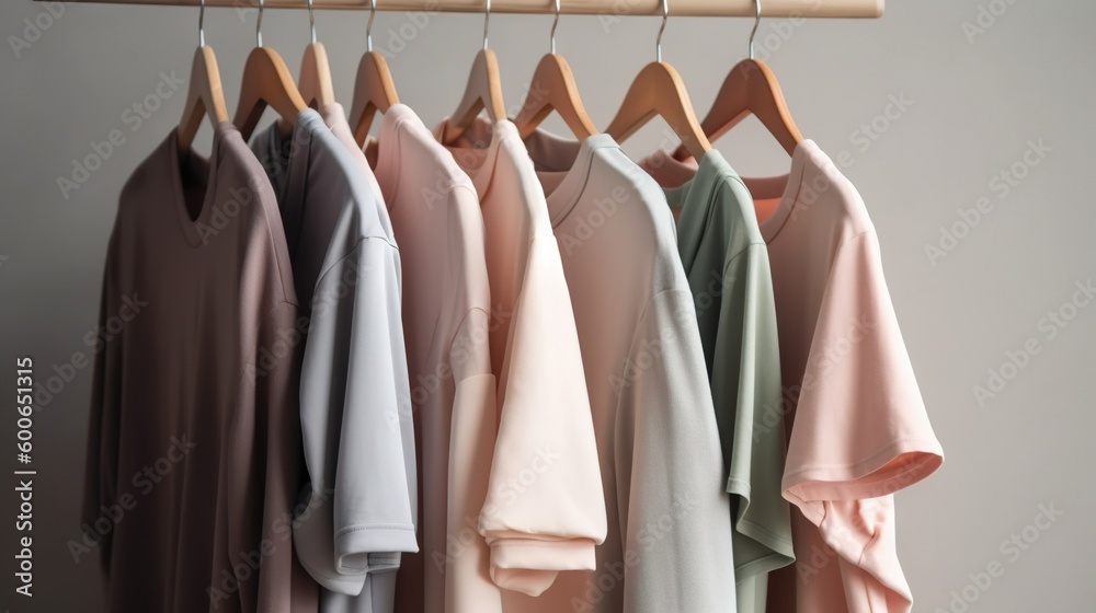 a rack of clothes hanging on a clothes rack with a wooden hanger. generative ai a rack of clothes hanging on a clothes rack with a wooden hanger. generative ai