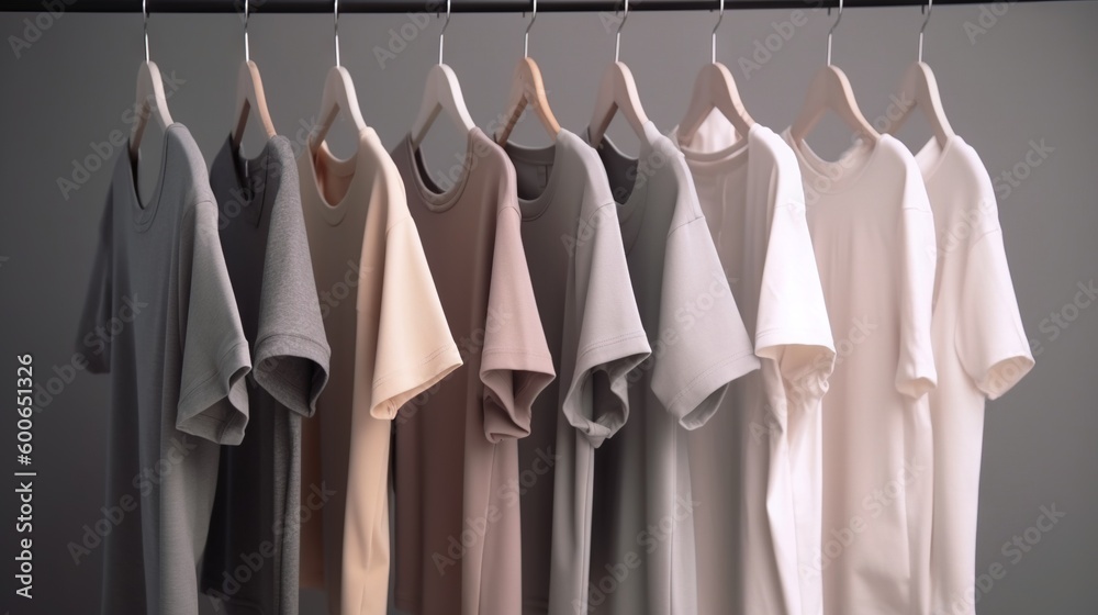 a row of shirts hanging on a clothes rack in front of a gray wall. generative ai a row of shirts hanging on a clothes rack in front of a gray wall. generative ai