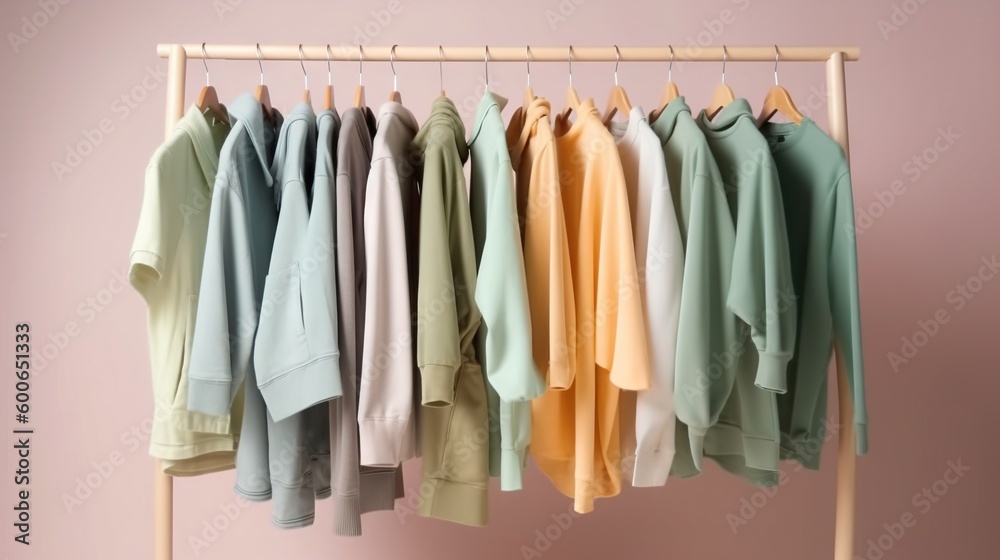  a rack of clothes hanging on a clothes rack with a pink wall in the background.  generative ai
