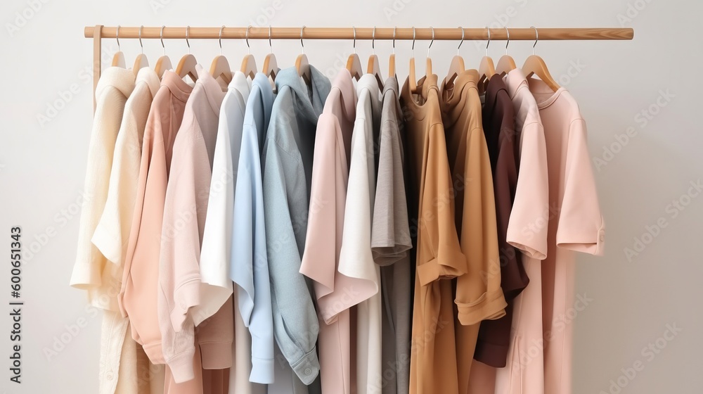 a rack of clothes hanging on a clothes rack with a wooden hanger. generative ai a rack of clothes hanging on a clothes rack with a wooden hanger. generative ai