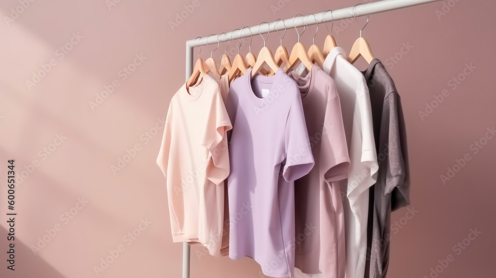 a row of clothes hanging on a clothes rack in a pink room. generative ai a row of clothes hanging on a clothes rack in a pink room. generative ai