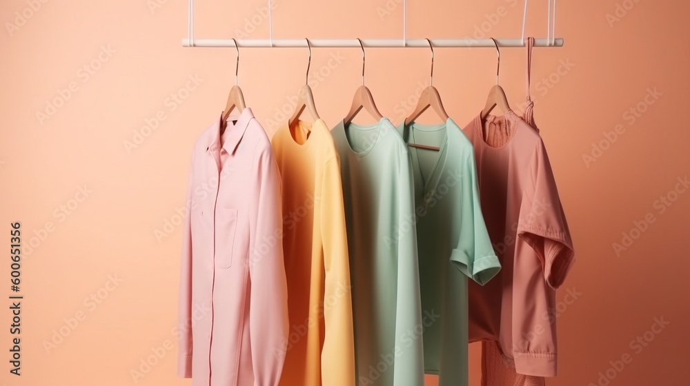  a row of shirts hanging on a clothes rack against a peach wall.  generative ai