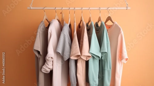  a rack of clothes hanging on a clothes rack with clothes on hangers. generative ai