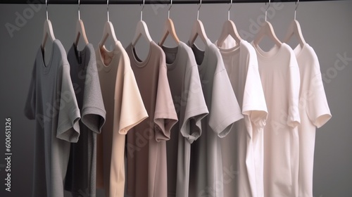  a row of shirts hanging on a clothes rack in front of a gray wall. generative ai