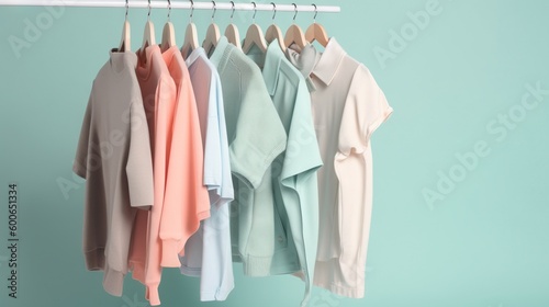  a rack of clothes hanging on a clothes rack against a blue wall. generative ai