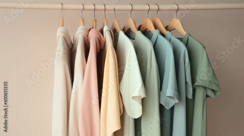  a rack of shirts hanging on a clothes line with a wooden hanger. generative ai