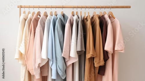 a rack of clothes hanging on a clothes rack with a wooden hanger. generative ai