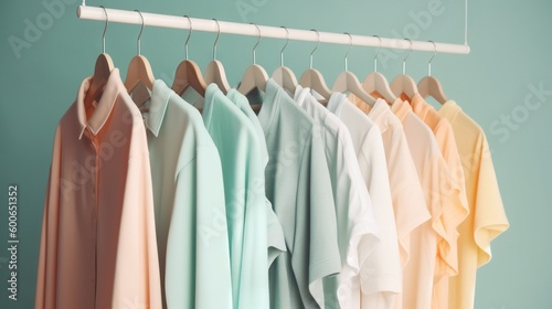  a rack of shirts hanging on a clothes rack with clothes. generative ai