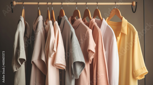  a rack of shirts hanging on a clothes rack with a wooden hanger.  generative ai