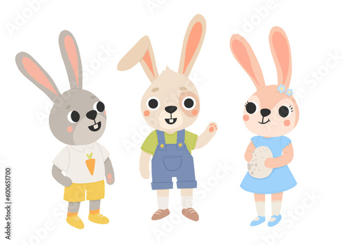Cute Rabbit friends. Cartoon Bunny characters for childrens book. Hare standing together for Easter greeting card, Spring, Summer poster