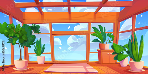Stampa su tela Glass window room interior with sky view through ceiling and wood floor vector background